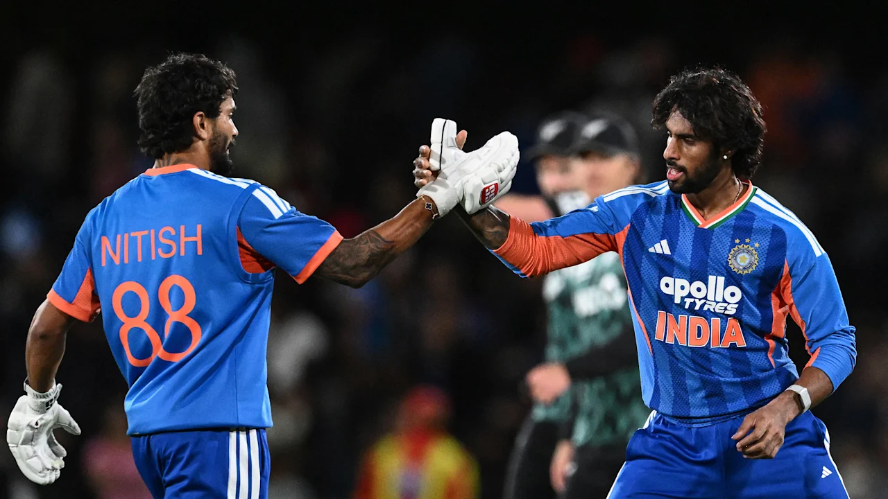 Tilak Varma and Nitish Kumar Reddy celebrate after pulling off the chase for India.