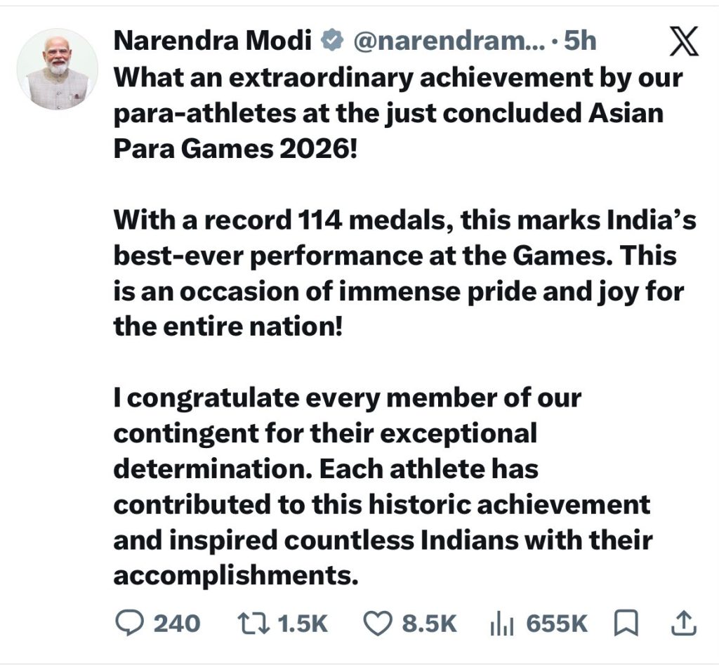 Prime Minister hails India’s historic best-ever performance and record 114 medals at the Asian Para Games 2026